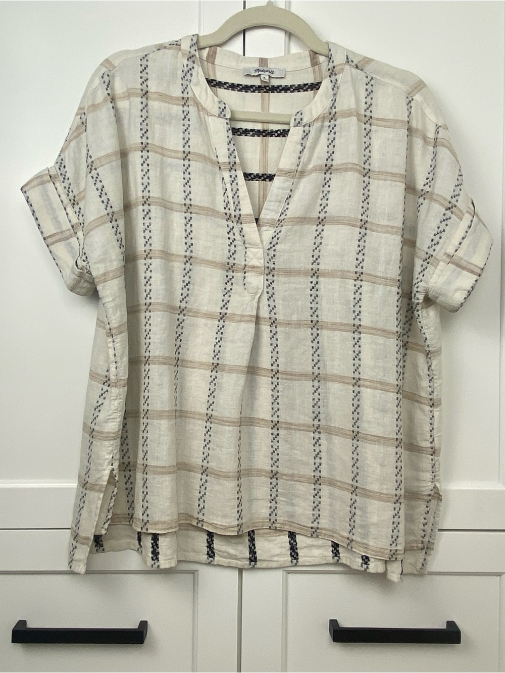 Madewell Cream Plaid Split-Neck Tunic with Tan and Black Accents